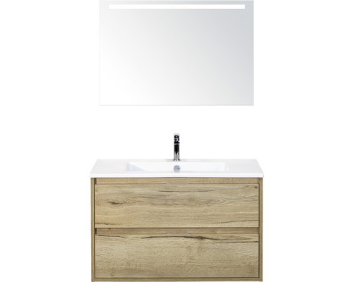 Koupelnový nábytkový set Porto 90 cm s keramickým umyvadlem a zrcadlem s LED osvětlením dub přírodní