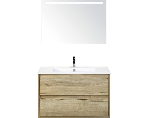 Koupelnový nábytkový set Porto 90 cm s keramickým umyvadlem a zrcadlem s LED osvětlením dub přírodní Koupelnový nábytkový set Porto 90 cm s keramickým umyvadlem a zrcadlem s LED osvětlením dub přírodní