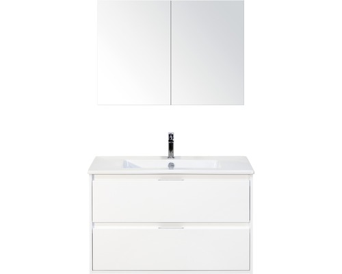 Koupelnový nábytkový set Porto 90 cm s keramickým umyvadlem bílá lesklá a zrcadlovou skříňkou