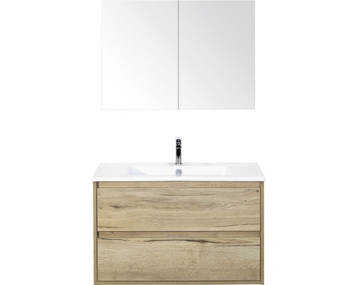 Koupelnový nábytkový set Porto 90 cm s keramickým umyvadlem a zrcadlovou skříňkou dub přírodní