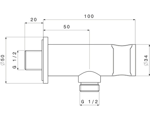 Technický nákres rohového ventilu s rozměry
