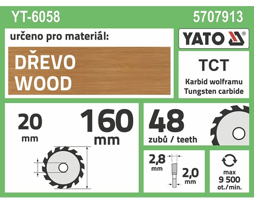Informace o pilovém kotouči Yato pro zpracování dřeva o průměru 20 milimetrů, velikosti 160 milimetrů a 48 zubech