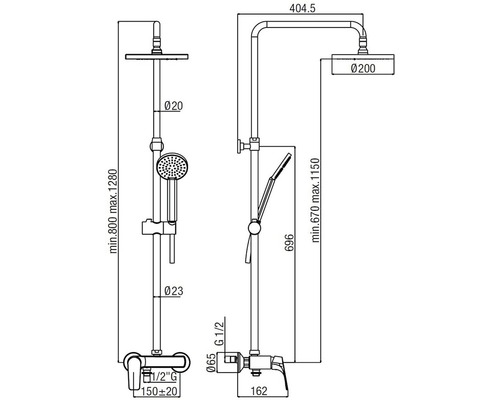 Technický nákres sprchové baterie s rozměry