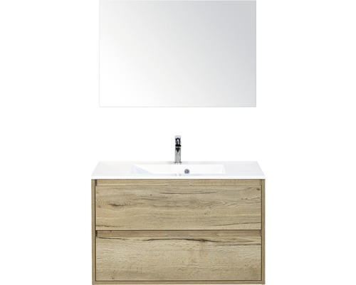 Koupelnový nábytkový set Porto 90 cm s umyvadlem a zrcadlem dub přírodní