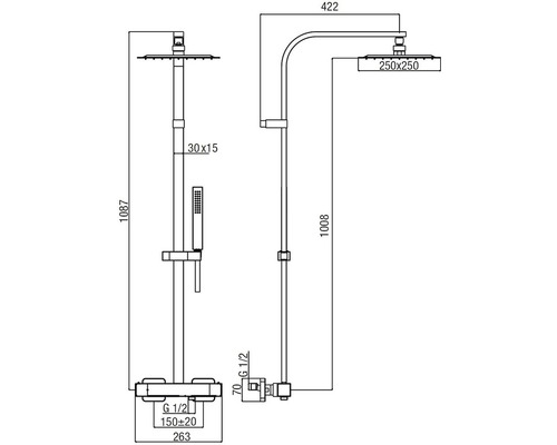 Technický nákres sprchového sloupu s rozměry