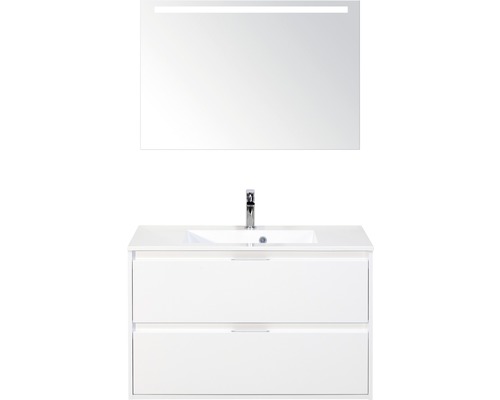 Koupelnový nábytkový set Porto 90 cm s umyvadlem bílá lesklá a zrcadlem s LED osvětlením