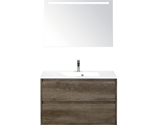 Koupelnový nábytkový set Porto 90 cm s umyvadlem a zrcadlem s LED osvětlením dub Nebraska