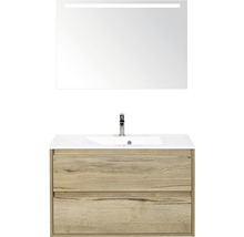 Koupelnový nábytkový set Porto 90 cm s umyvadlem a zrcadlem s LED osvětlením dub přírodní