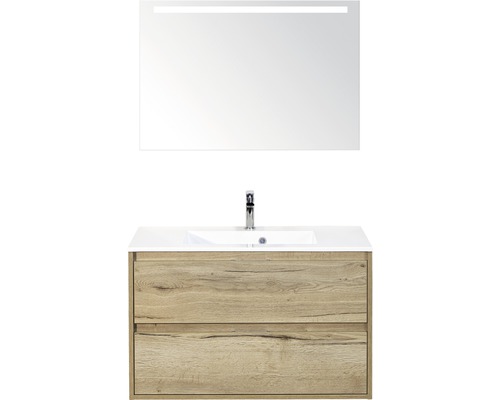 Koupelnový nábytkový set Porto 90 cm s umyvadlem a zrcadlem s LED osvětlením dub přírodní