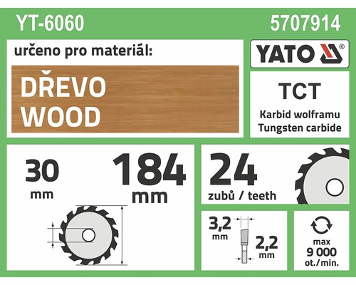 Specifikace pilového kotouče Yato pro zpracování dřeva
