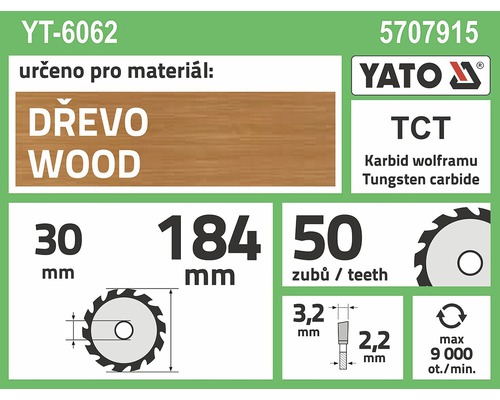 Specifikace pilového kotouče Yato pro zpracování dřeva