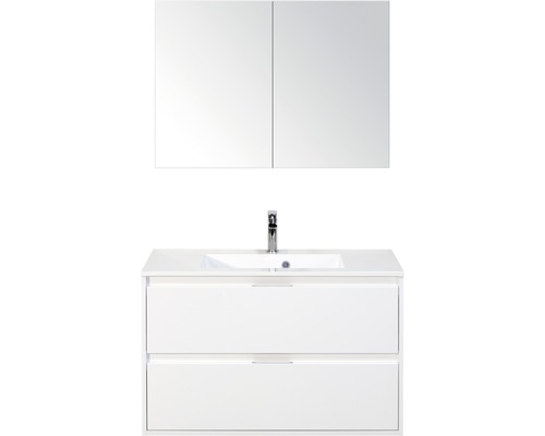 Koupelnový nábytkový set Porto 90 cm s umyvadlem bílá lesklá a zrcadlovou skříňkou
