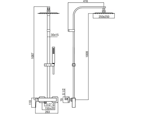 Technický nákres sprchové baterie s rozměry.