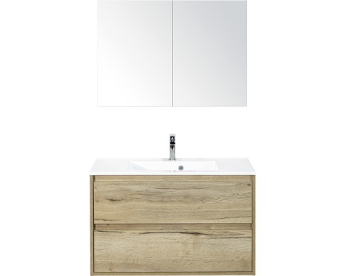 Koupelnový nábytkový set Porto 90 cm s umyvadlem a zrcadlovou skříňkou dub přírodní