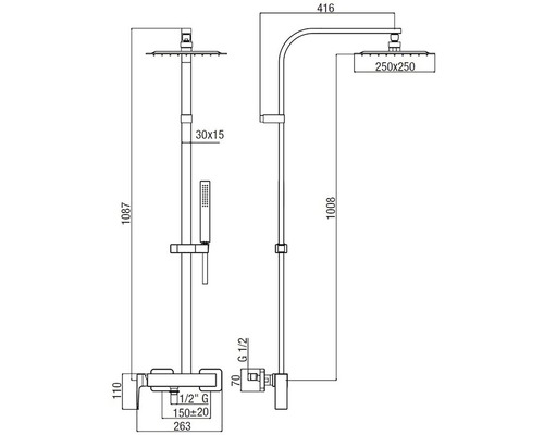 Technický výkres sprchového systému s rozměry.