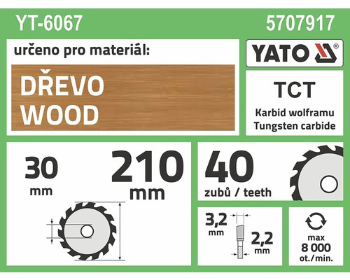 Specifikace pilového kotouče Yato pro dřevo