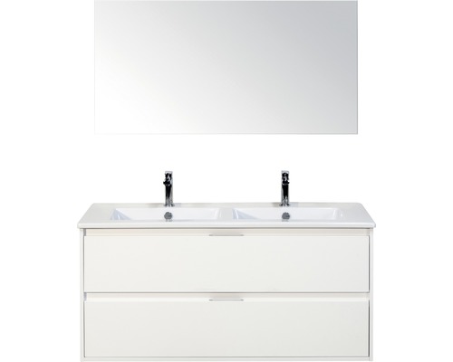 Koupelnový nábytkový set Porto 120 cm s keramickým dvojitým umyvadlem 2 zásuvky a zrcadlem bílá vysoce lesklá