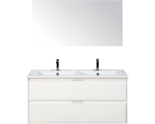 Koupelnový nábytkový set Porto 120 cm s keramickým dvojitým umyvadlem 2 zásuvky a zrcadlem bílá vysoce lesklá Koupelnový nábytkový set Porto 120 cm s keramickým dvojitým umyvadlem 2 zásuvky a zrcadlem bílá vysoce lesklá