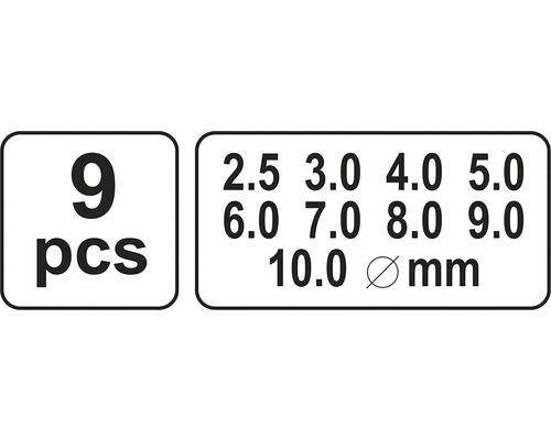 Sada 9 kusů s průměry od 2,5 mm do 10 mm
