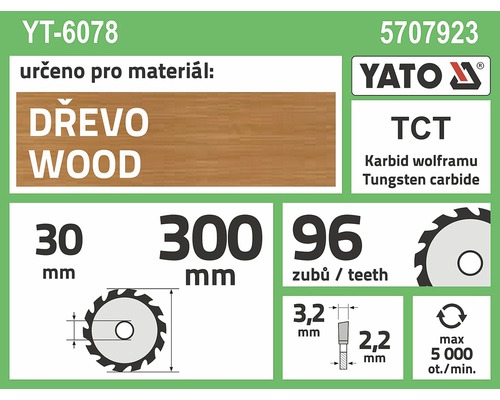 Pilový kotouč Yato na dřevo, průměr 300 mm, 96 zubů