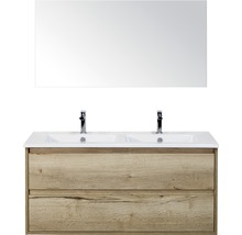 Koupelnový nábytkový set Porto 120 cm s keramickým dvojitým umyvadlem 2 zásuvky a zrcadlem dub přírodní
