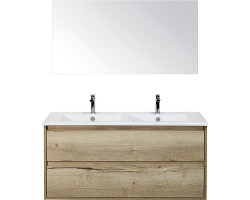 Koupelnový nábytkový set Porto 120 cm s keramickým dvojitým umyvadlem 2 zásuvky a zrcadlem dub přírodní