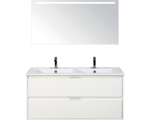 Koupelnový nábytkový set Porto 120 cm s keramickým dvojitým umyvadlem 2 zásuvky bílá lesklá a zrcadlem s LED osvětlením Koupelnový nábytkový set Porto 120 cm s keramickým dvojitým umyvadlem 2 zásuvky bílá lesklá a zrcadlem s LED osvětlením
