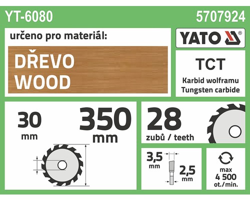 Informace o pilovém kotouči Yato TCT na dřevo o průměru 350 milimetrů