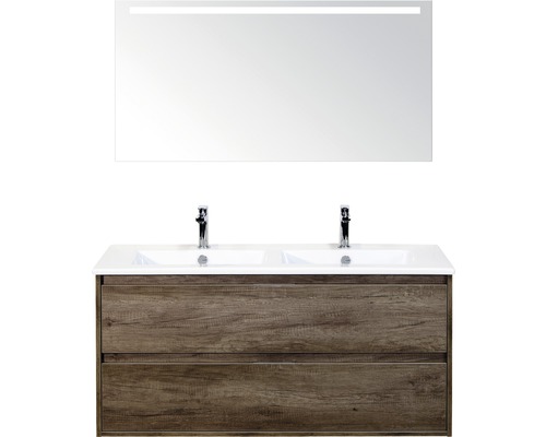 Koupelnový nábytkový set Porto 120 cm s keramickým dvojitým umyvadlem 2 zásuvky Nebraska dub Nebraska a zrcadlem s LED osvětlením