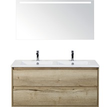 Koupelnový nábytkový set Porto 120 cm s keramickým dvojitým umyvadlem 2 zásuvky a zrcadlem s LED osvětlením dub přírodní
