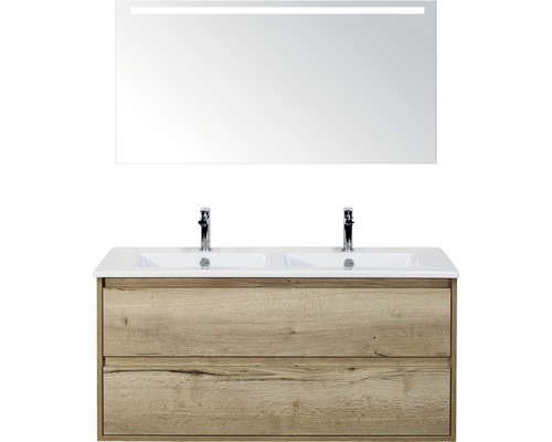 Koupelnový nábytkový set Porto 120 cm s keramickým dvojitým umyvadlem 2 zásuvky a zrcadlem s LED osvětlením dub přírodní Koupelnový nábytkový set Porto 120 cm s keramickým dvojitým umyvadlem 2 zásuvky a zrcadlem s LED osvětlením dub přírodní