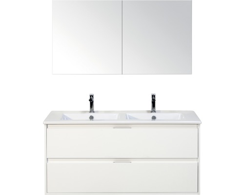 Koupelnový nábytkový set Porto 120 cm s keramickým dvojitým umyvadlem 2 zásuvky bílá lesklá a zrcadlovou skříňkou