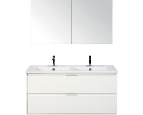 Koupelnový nábytkový set Porto 120 cm s keramickým dvojitým umyvadlem 2 zásuvky bílá lesklá a zrcadlovou skříňkou Koupelnový nábytkový set Porto 120 cm s keramickým dvojitým umyvadlem 2 zásuvky bílá lesklá a zrcadlovou skříňkou