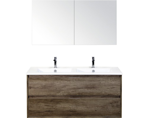Koupelnový nábytkový set Porto 120 cm s keramickým dvojitým umyvadlem 2 zásuvky Nebraska dub Nebraska a zrcadlovou skříňkou
