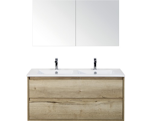 Koupelnový nábytkový set Porto 120 cm s keramickým dvojitým umyvadlem 2 zásuvky a zrcadlovou skříňkou dub přírodní