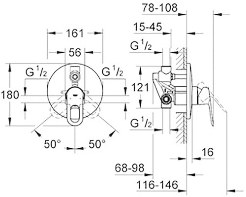 Technický výkres sprchové baterie s rozměry