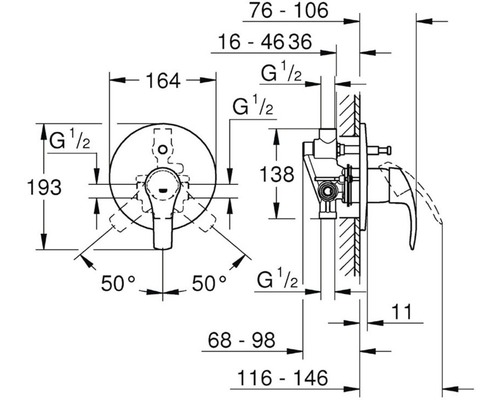Rozměrový nákres podomítkové armatury s rukojetí a příslušnými rozměry