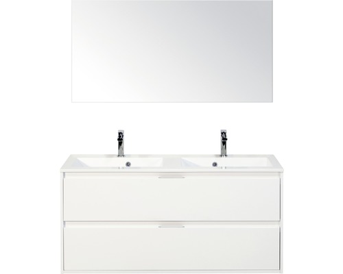 Koupelnový nábytkový set Porto 120 cm s dvojitým umyvadlem 2 zásuvky a zrcadlem bílá vysoce lesklá