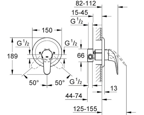 Technický nákres pákové směšovací baterie s rozměry