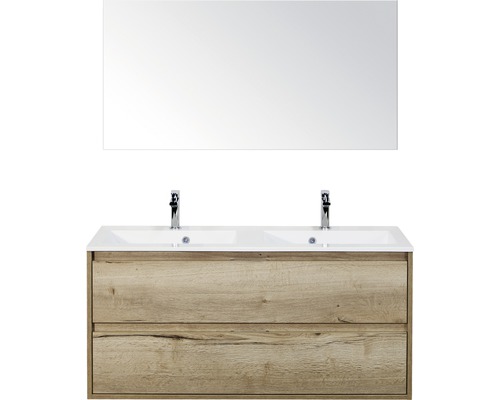 Koupelnový nábytkový set Porto 120 cm s dvojitým umyvadlem 2 zásuvky a zrcadlem dub přírodní