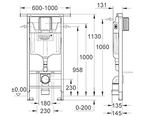 Technický nákres splachovací nádržky Grohe s rozměry