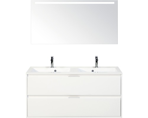 Koupelnový nábytkový set Porto 120 cm s dvojitým umyvadlem 2 zásuvky bílá lesklá a zrcadlem s LED osvětlením