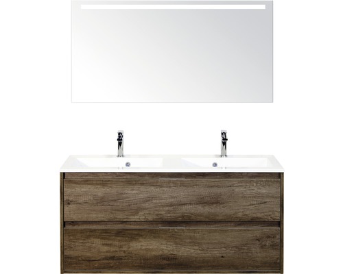 Koupelnový nábytkový set Porto 120 cm s dvojitým umyvadlem 2 zásuvky Nebraska dub Nebraska a zrcadlem s LED osvětlením