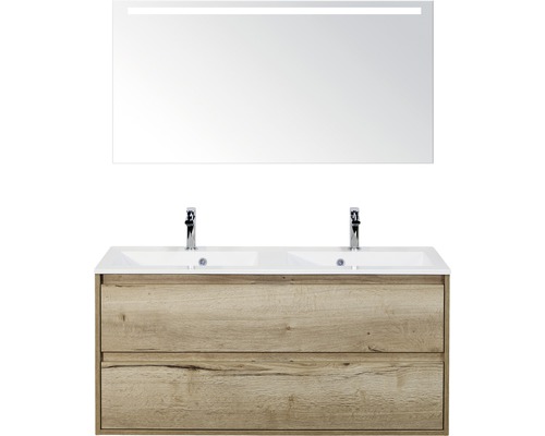 Koupelnový nábytkový set Porto 120 cm s dvojitým umyvadlem 2 zásuvky a zrcadlem s LED osvětlením dub přírodní