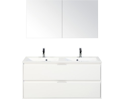 Koupelnový nábytkový set Porto 120 cm s dvojitým umyvadlem 2 zásuvky bílá lesklá a zrcadlovou skříňkou