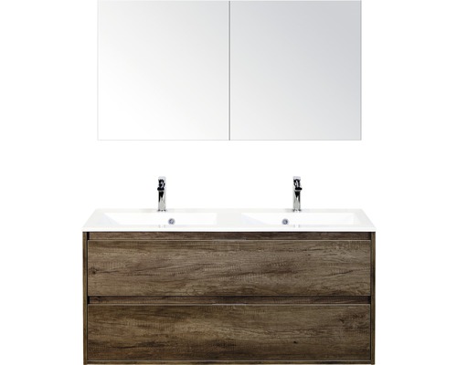 Koupelnový nábytkový set Porto 120 cm s dvojitým umyvadlem 2 zásuvky Nebraska dub Nebraska a zrcadlovou skříňkou