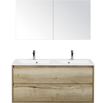Koupelnový nábytkový set Porto 120 cm s dvojitým umyvadlem 2 zásuvky a zrcadlovou skříňkou dub přírodní