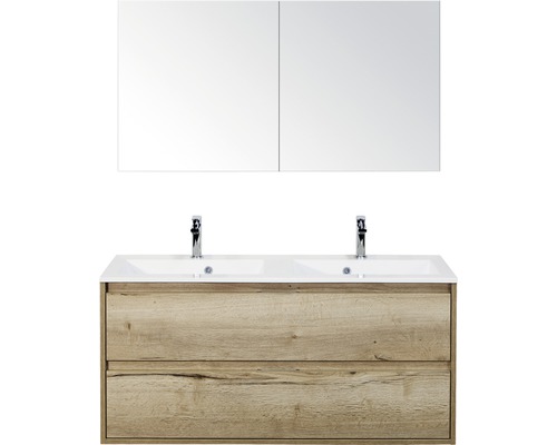 Koupelnový nábytkový set Porto 120 cm s dvojitým umyvadlem 2 zásuvky a zrcadlovou skříňkou dub přírodní
