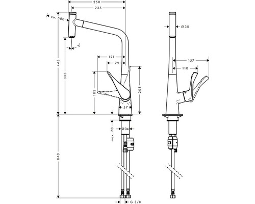 Technický výkres kuchyňské baterie s rozměry.