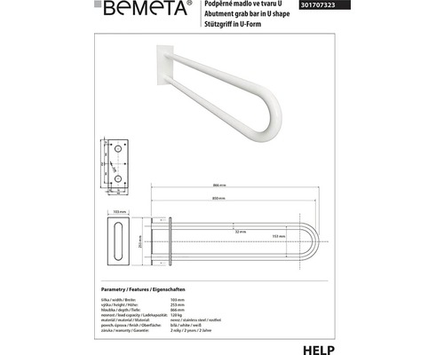 Podpěrné madlo Bemeta ve tvaru U z nerezové oceli s rozměry